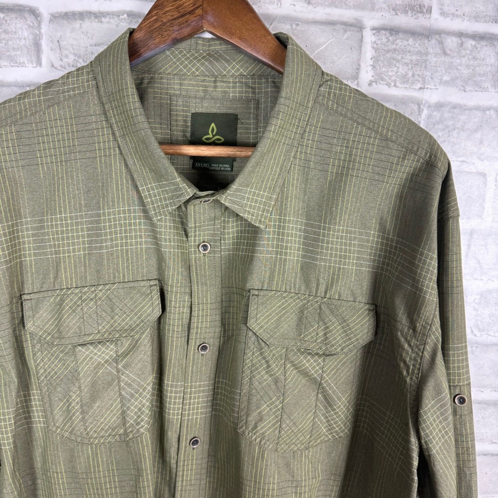 Prana Mens XXL Olive Green Grid Plaid Long Sleeve Roll Tab Button Down Shirt